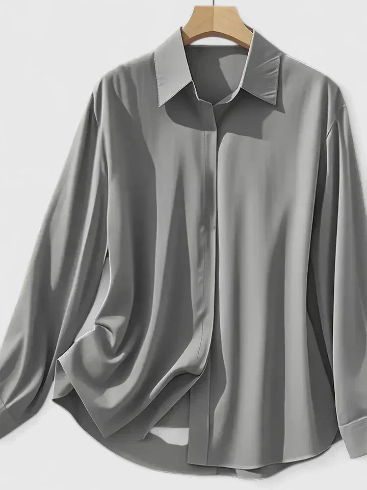 Women's satin button-up blouse, flowing silhouette, summer office style
