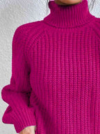 Women ribbed knit turtleneck sweater with side slit hem, autumn winter