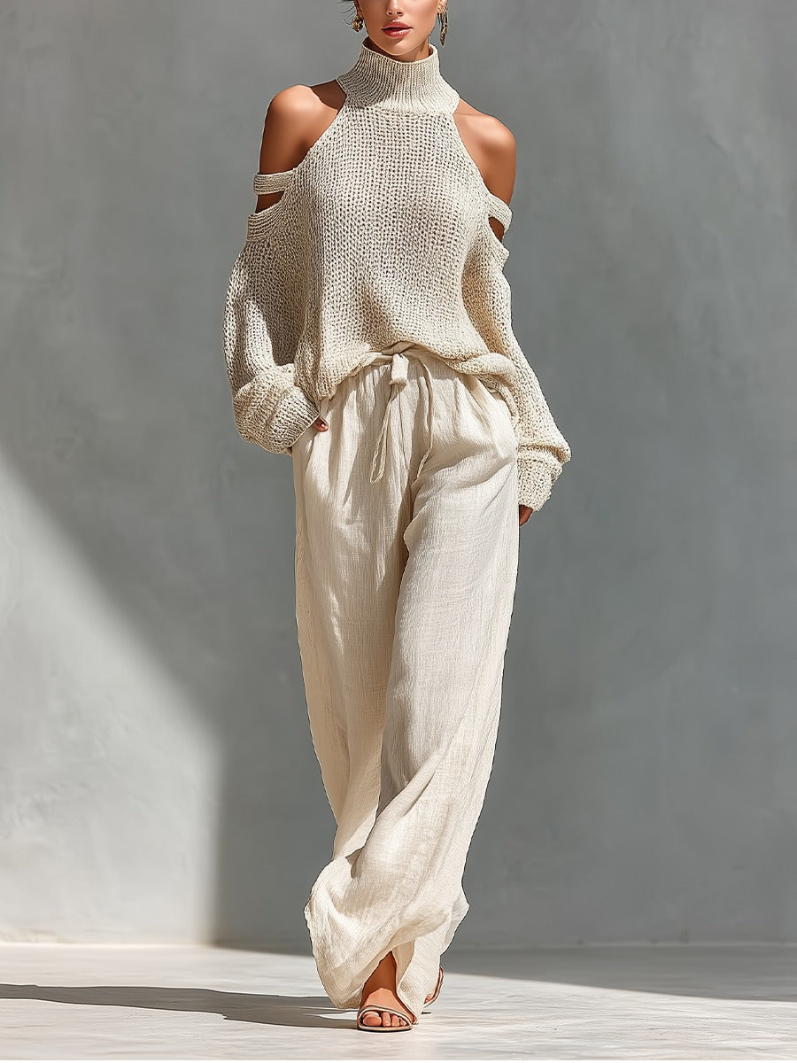 Women 2 Piece Off Shoulder Wide Leg Pants Set in beige flowing fabric
