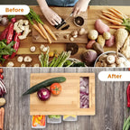 Bamboo cutting board with storage trays, interchangeable graters and juice groove meal prep station