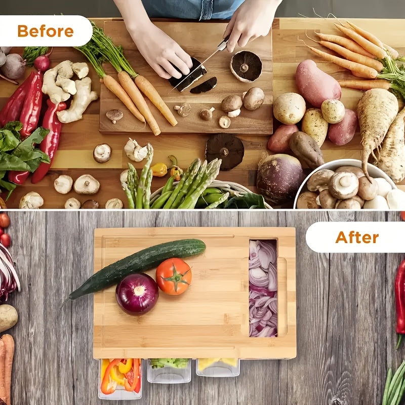 Bamboo cutting board with storage trays, interchangeable graters and juice groove meal prep station