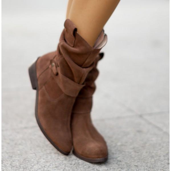 Women suede ankle boots low block heel slouch cuff side zip