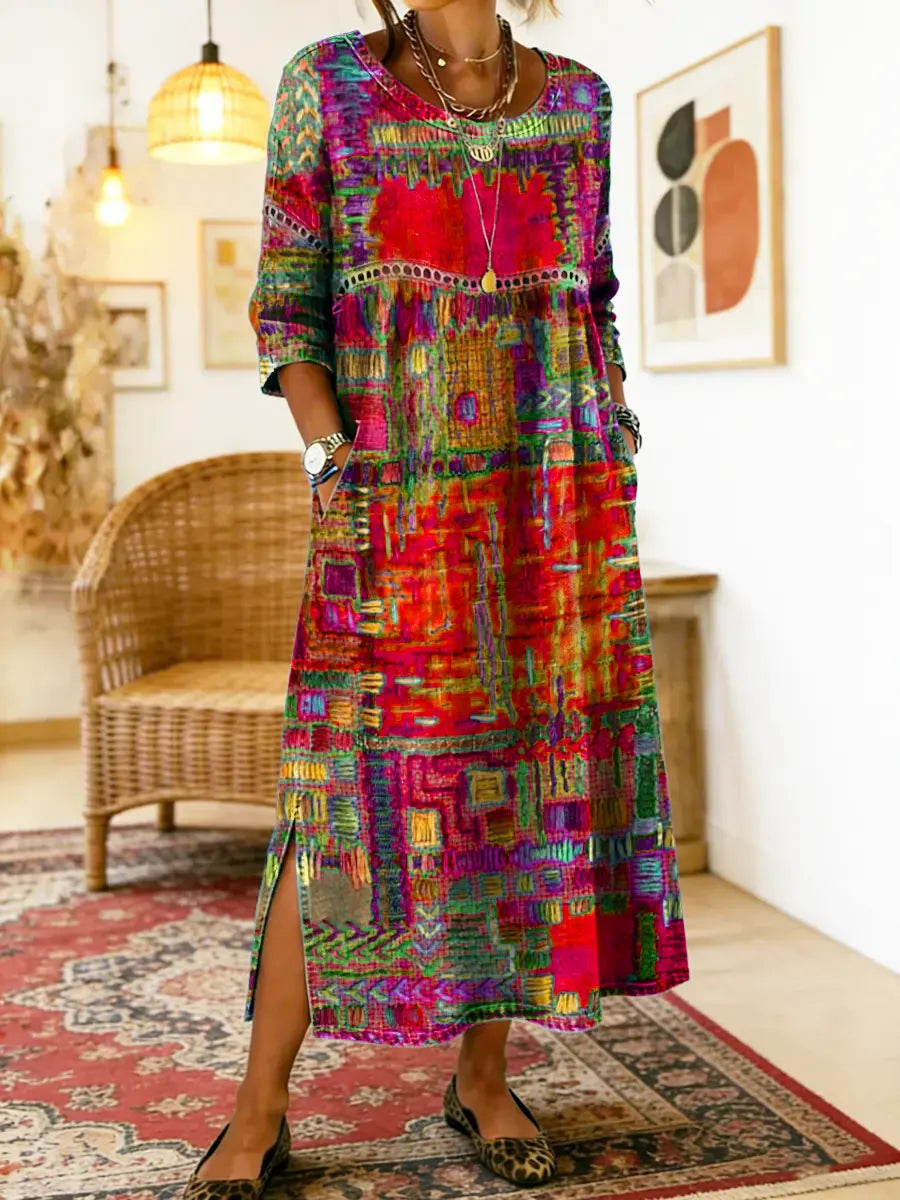 Women's denim dress with ethnic patchwork detail, loose fit boho summer style