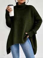 Women knit sweater high neck asymmetric hem relaxed fit