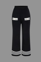 Women's knit two-piece set with cropped cardigan and wide-leg pants, black and white