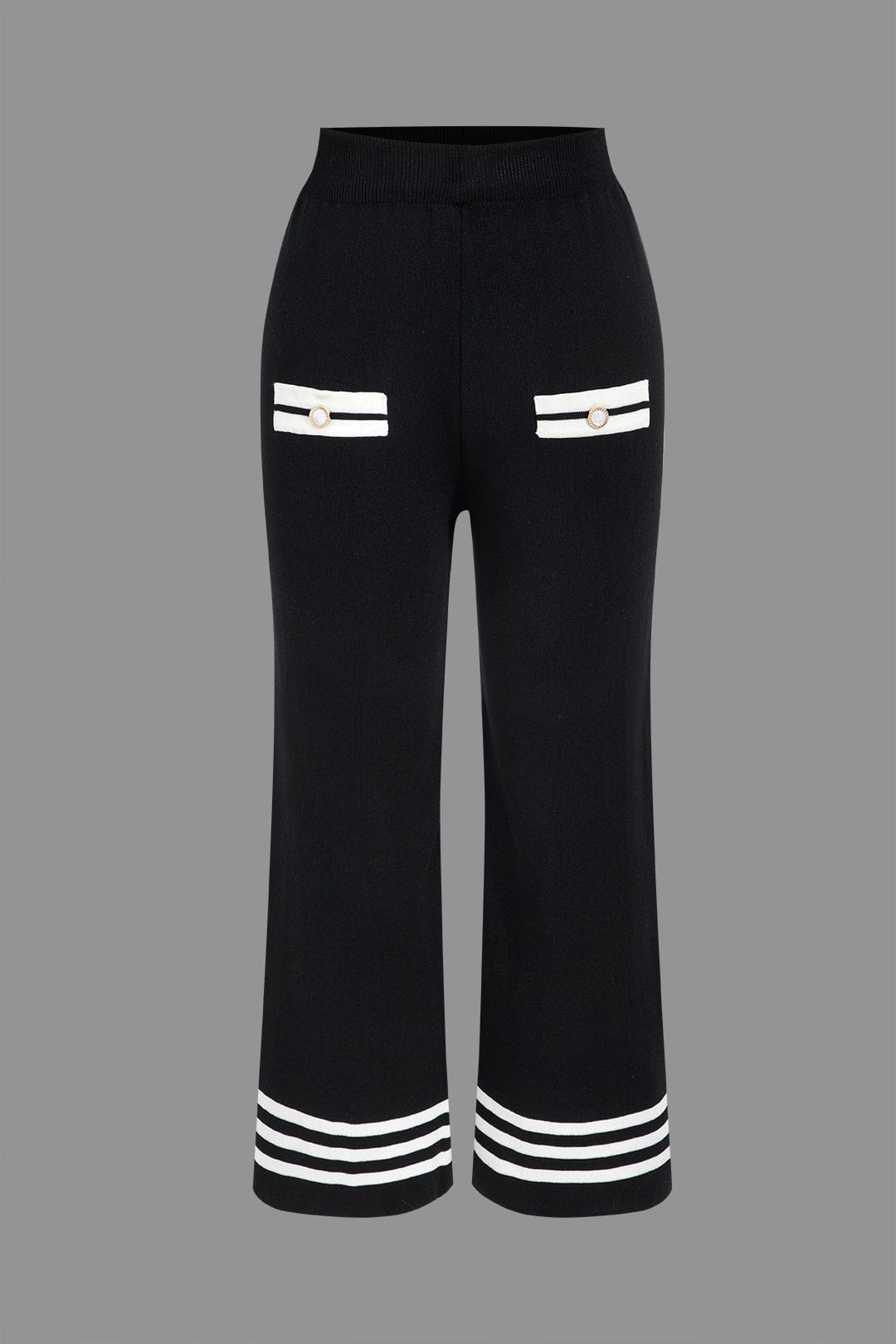 Women's knit two-piece set with cropped cardigan and wide-leg pants, black and white