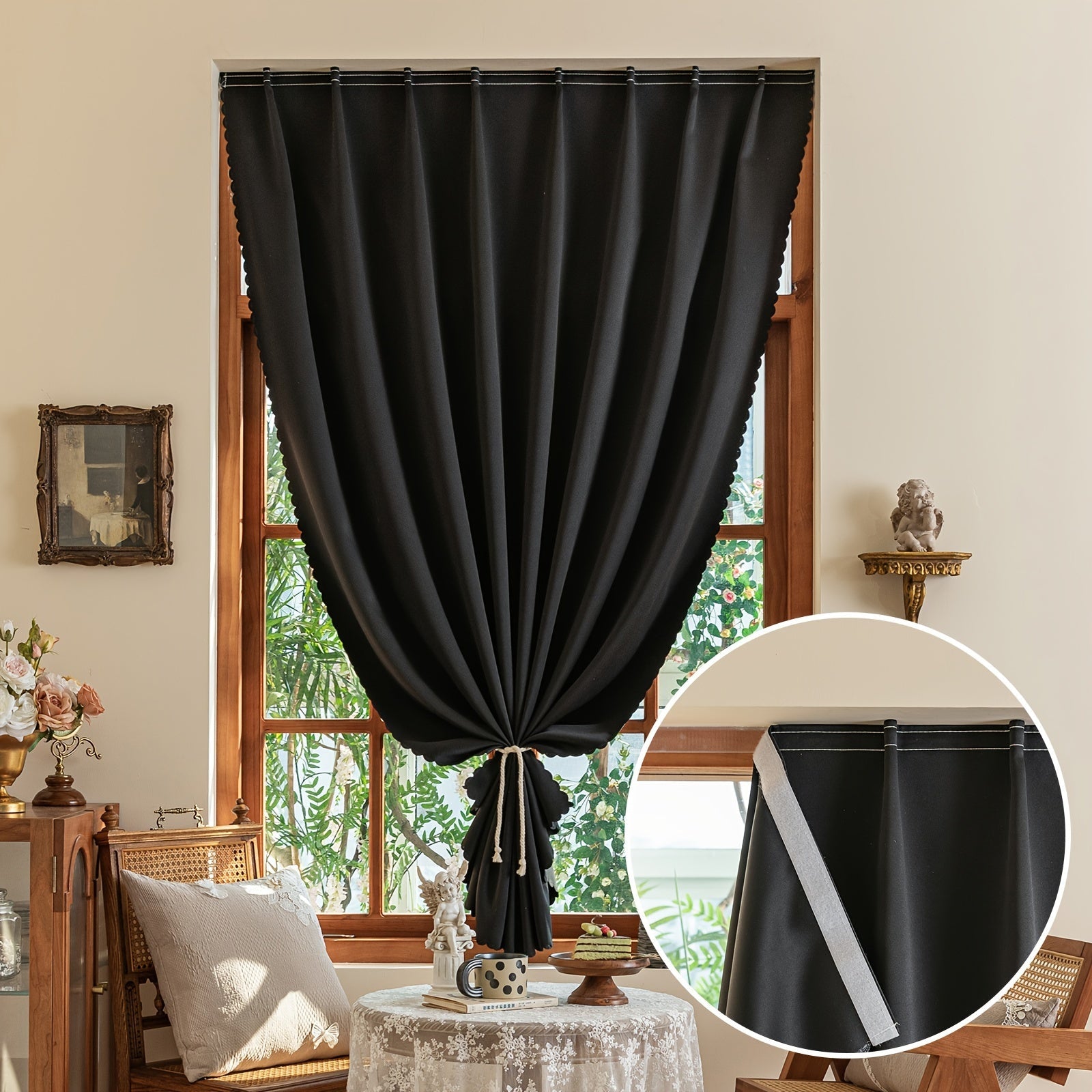 Blackout curtains self-adhesive hook and loop cordless for bedroom and living room