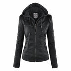 Women's faux leather jacket with removable hood and quilted sleeves, moto style