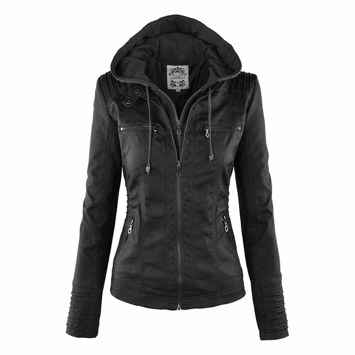 Women's faux leather jacket with removable hood and quilted sleeves, moto style