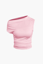 Women's two-piece set with one-shoulder top and draped mini skirt, asymmetric knot detail