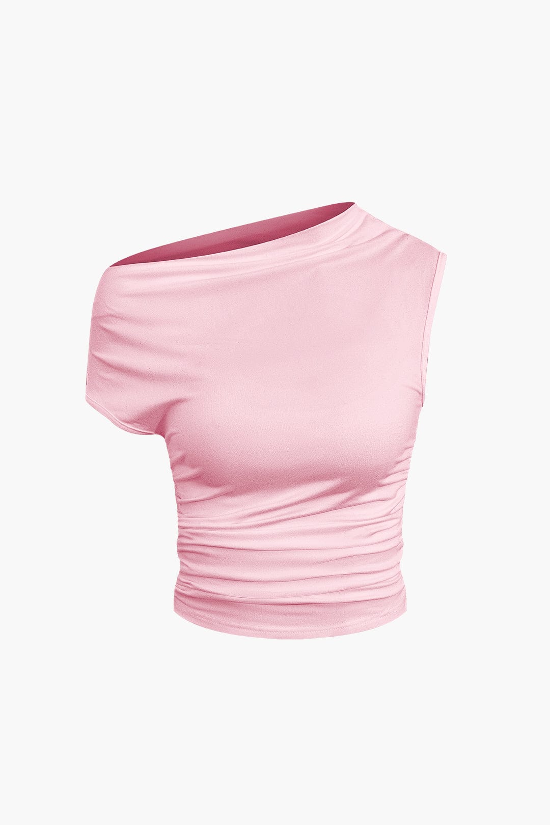 Women's two-piece set with one-shoulder top and draped mini skirt, asymmetric knot detail