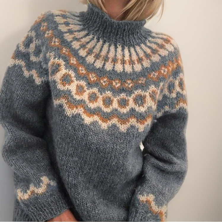 Women cotton wool turtleneck sweater with ribbed cuffs and high neck collar