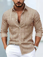 Men long sleeve striped shirt vintage wash relaxed regular fit