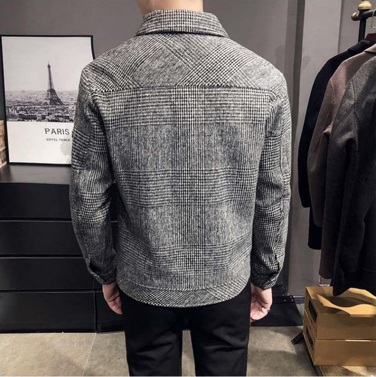 Men plaid shirt jacket relaxed fit button-up in grey and taupe