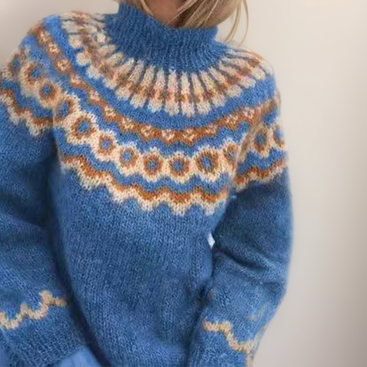 Women cotton wool turtleneck sweater with ribbed cuffs and high neck collar