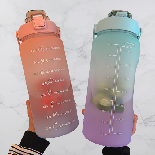 2L motivational water bottle with time markings and removable straw, BPA-free