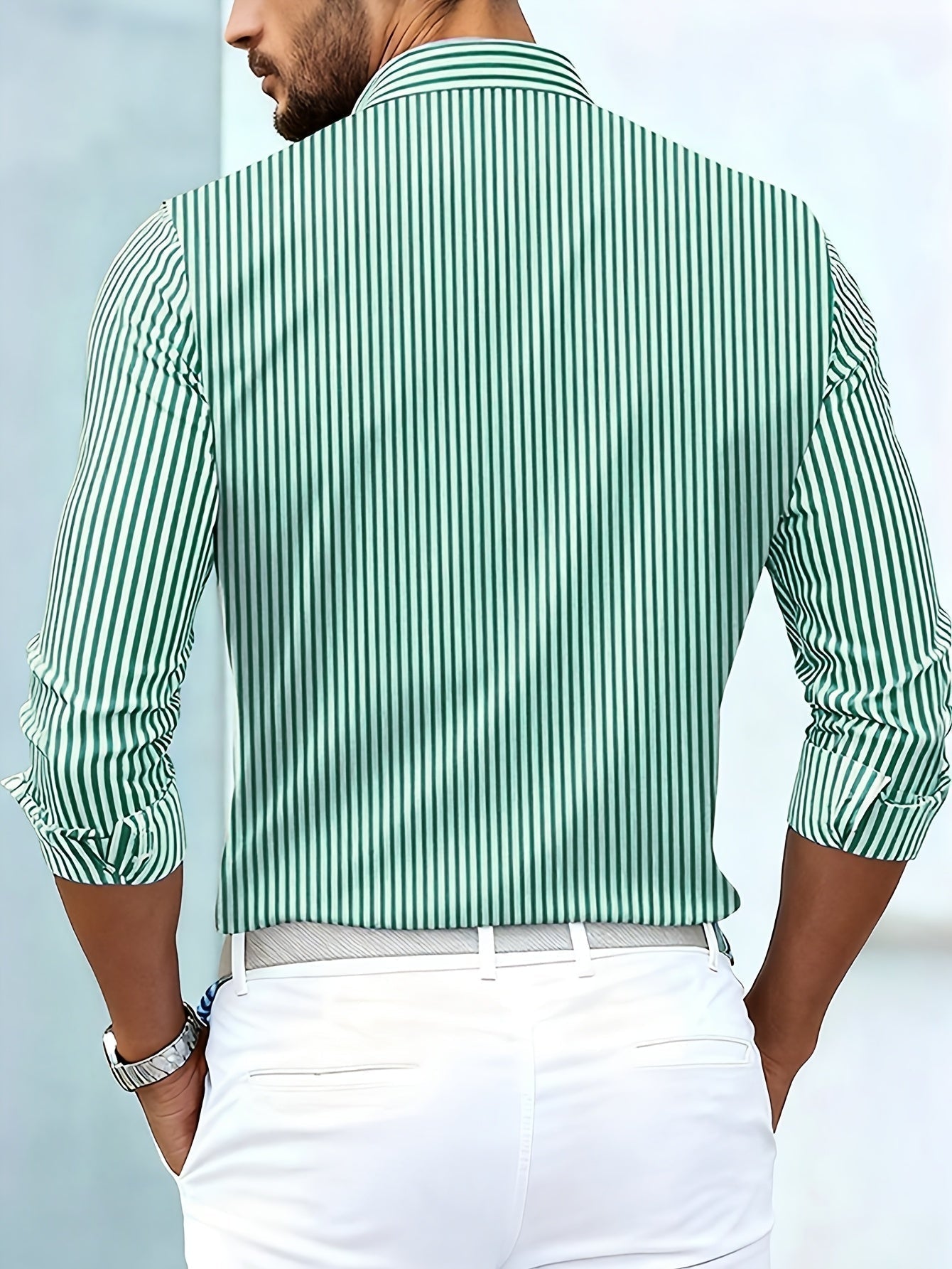 Men long sleeve striped shirt vintage wash relaxed regular fit