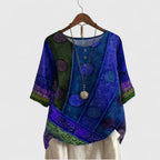 Women boho patchwork print top relaxed fit with decorative buttons