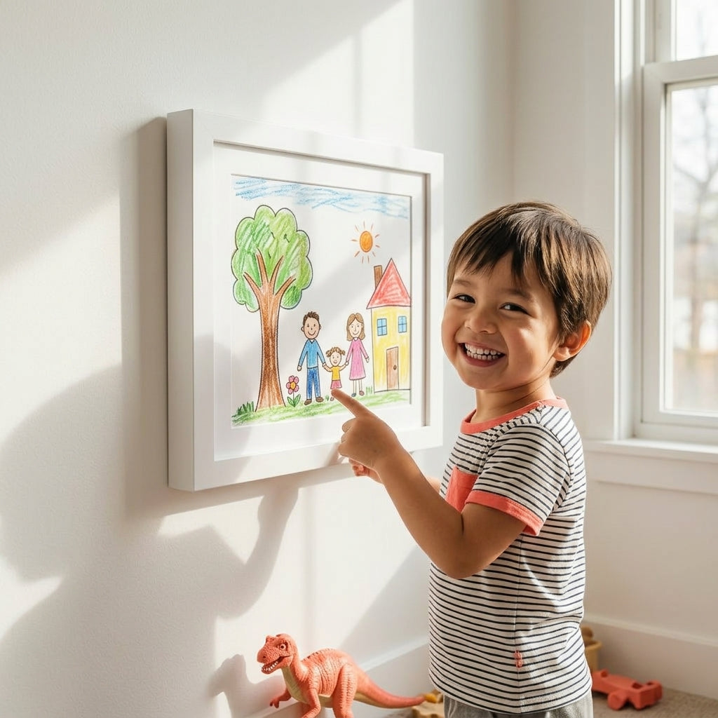 Kids drawing display frame rotating art frame stores 150 drawings, available in multiple colors