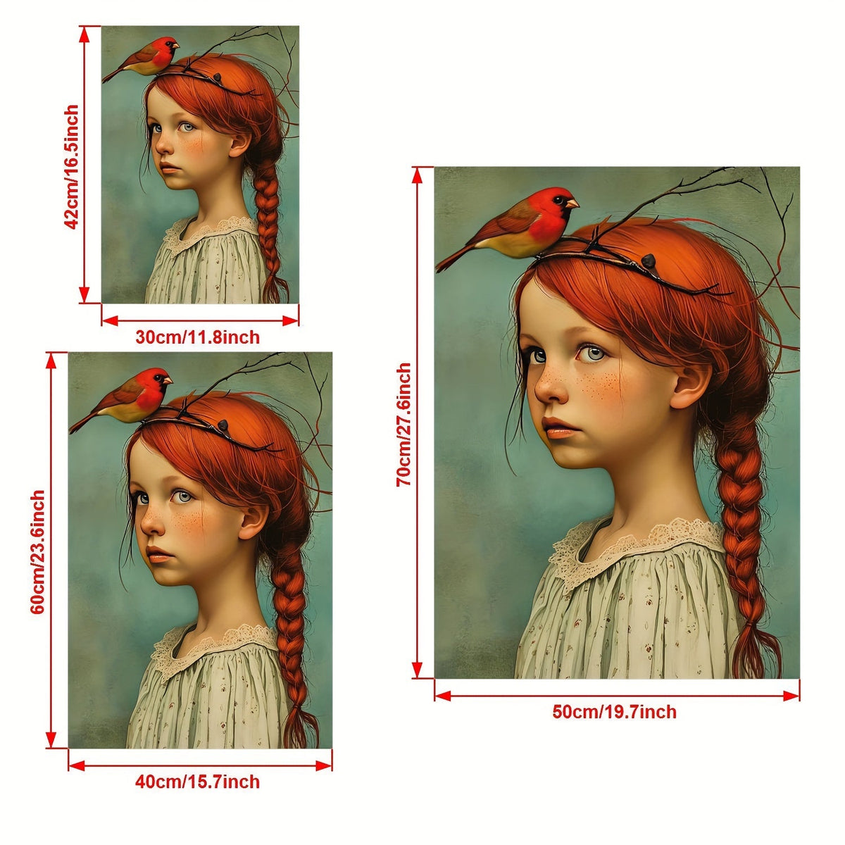Canvas wall art Art Deco portrait of girl and cardinal, frameless indoor poster