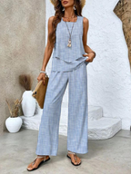 Women 2 piece set sleeveless top and wide leg leaf print pants