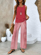 Women 2 piece set sleeveless top and wide leg leaf print pants