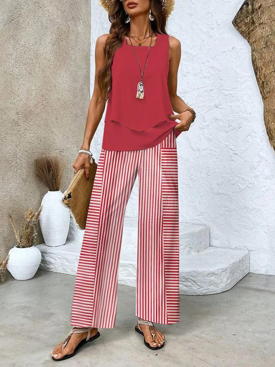 Women 2 piece set sleeveless top and wide leg leaf print pants