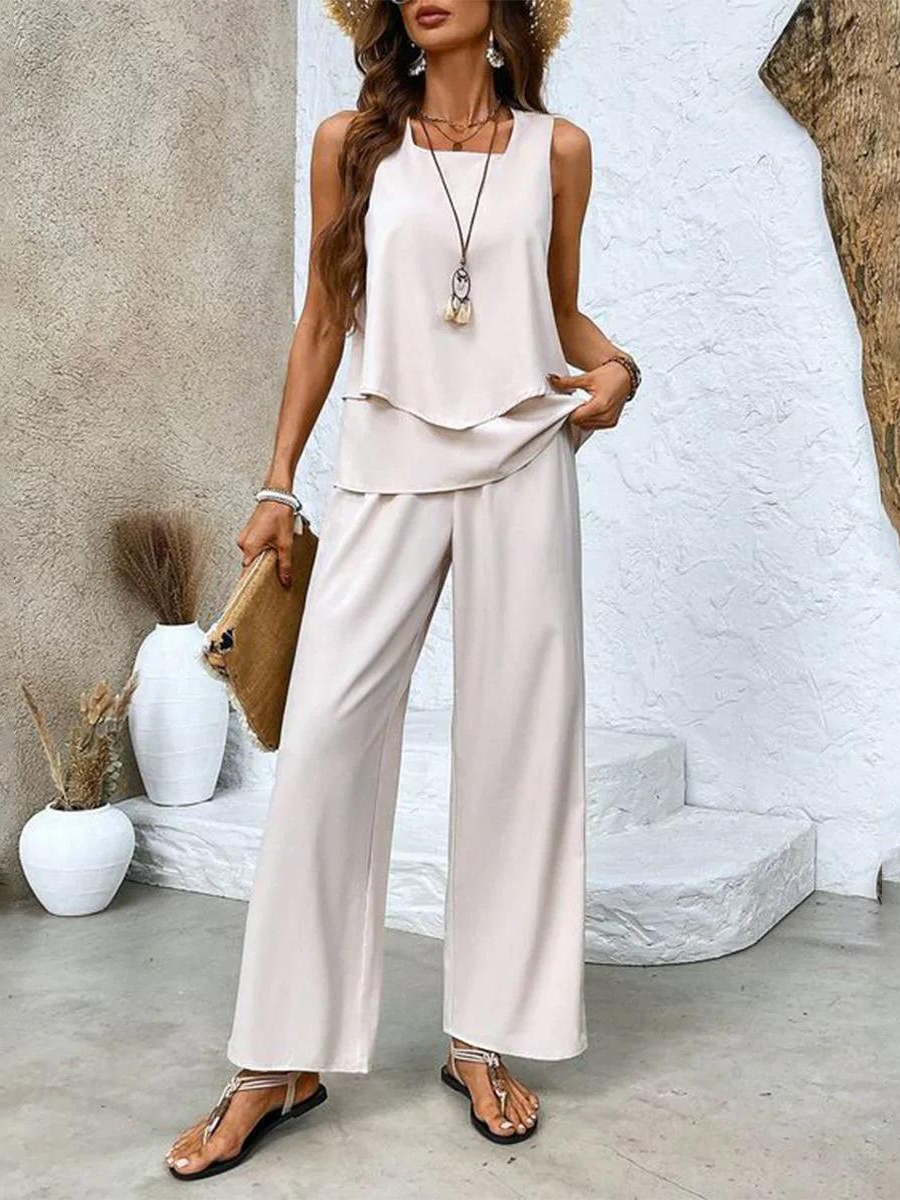 Women 2 piece set sleeveless top and wide leg leaf print pants