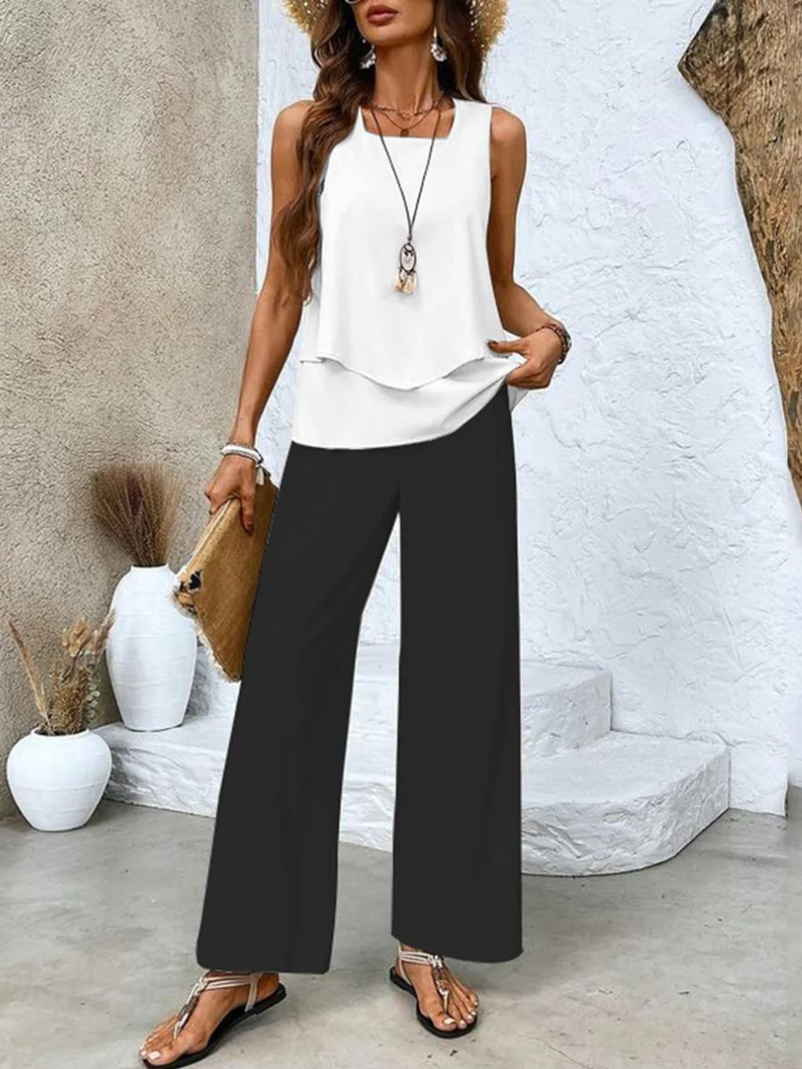 Women 2 piece set sleeveless top and wide leg leaf print pants