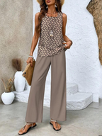 Women 2 piece set sleeveless top and wide leg leaf print pants