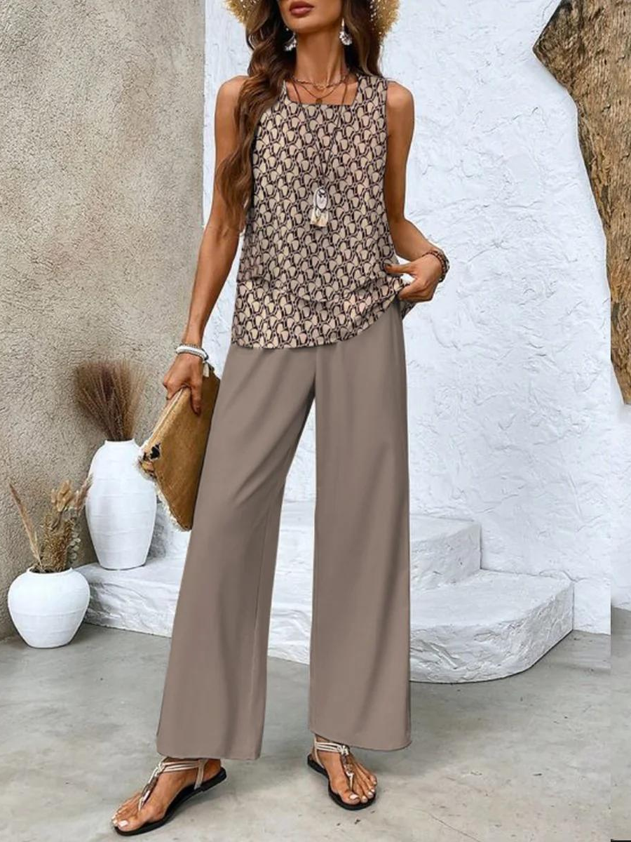 Women 2 piece set sleeveless top and wide leg leaf print pants