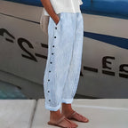 Women striped casual pants with side button detail relaxed fit