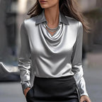 Women satin blouse draped neckline long sleeve, polished silhouette