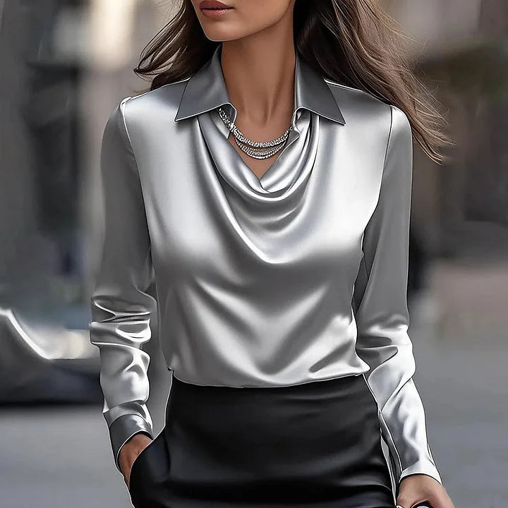 Women satin blouse draped neckline long sleeve, polished silhouette