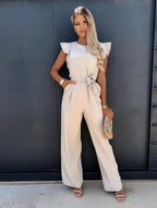 Women's wide leg jumpsuit with butterfly sleeves and belt, elegant summer one-piece