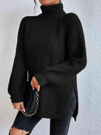 Women ribbed knit turtleneck sweater with side slit hem, autumn winter