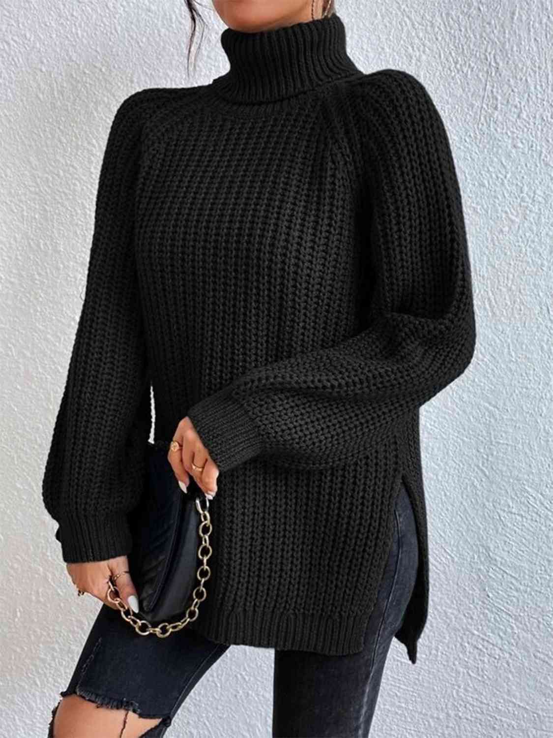 Women ribbed knit turtleneck sweater with side slit hem, autumn winter
