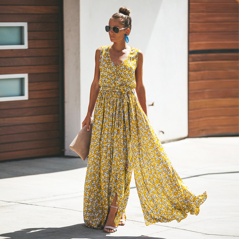 Floral maxi dress sleeveless with high slit and tie waist, summer holiday dress