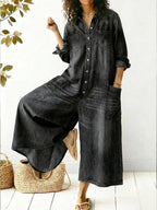 Women denim wide leg jumpsuit long sleeve button-up front casual style