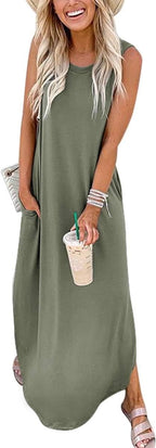 Women sleeveless maxi dress with side slit and pockets loose fit