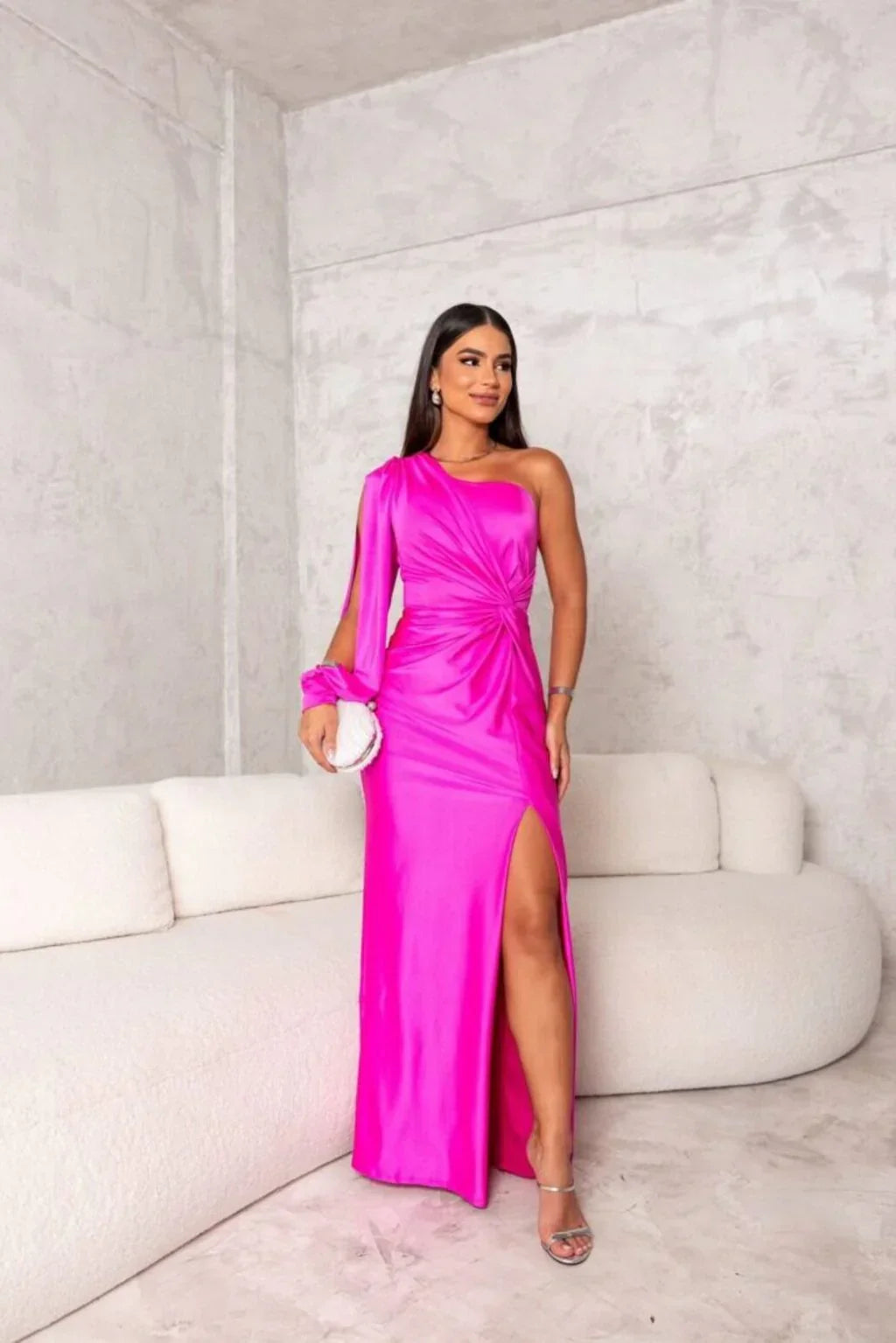 One-shoulder satin maxi evening dress with high slit and ruched draping