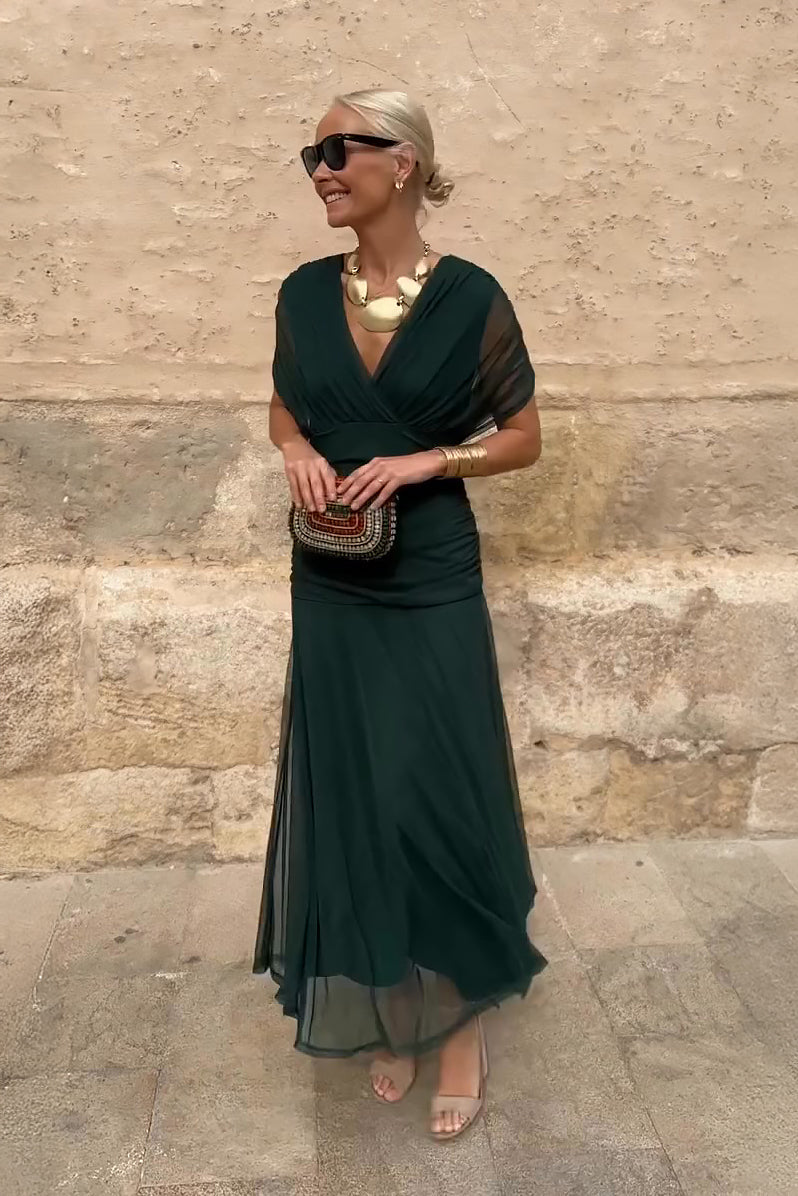 Women V-Neck Maxi Dress full-length party style in green