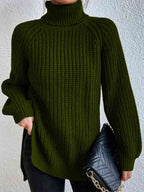 Women ribbed knit turtleneck sweater with side slit hem, autumn winter