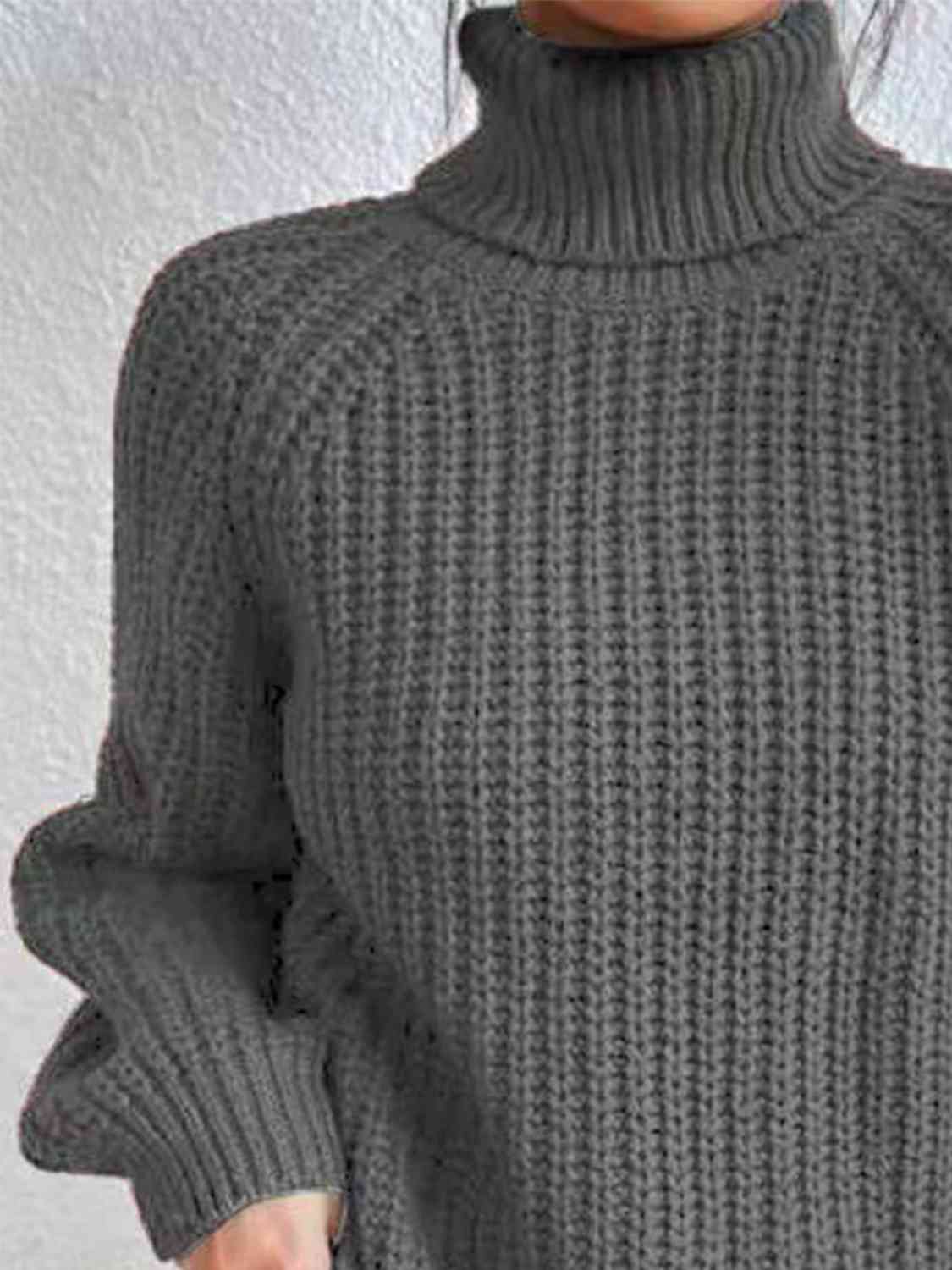 Women ribbed knit turtleneck sweater with side slit hem, autumn winter