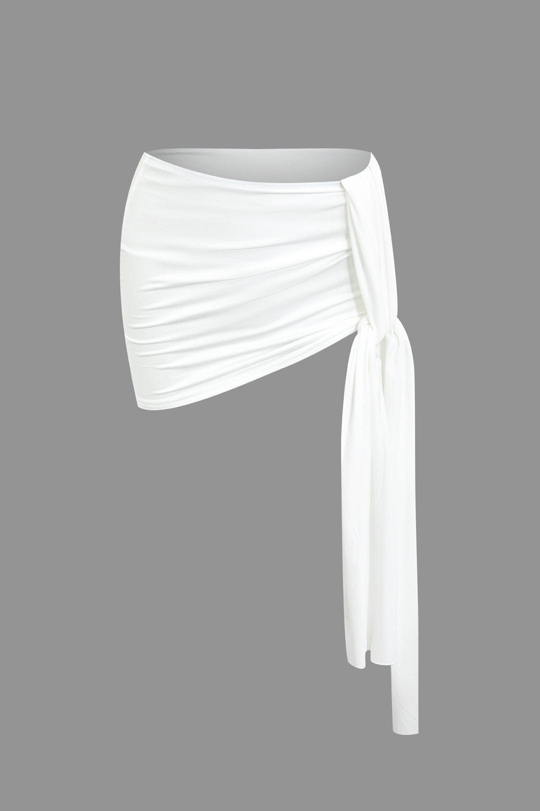 Women's two-piece set with one-shoulder top and draped mini skirt, asymmetric knot detail