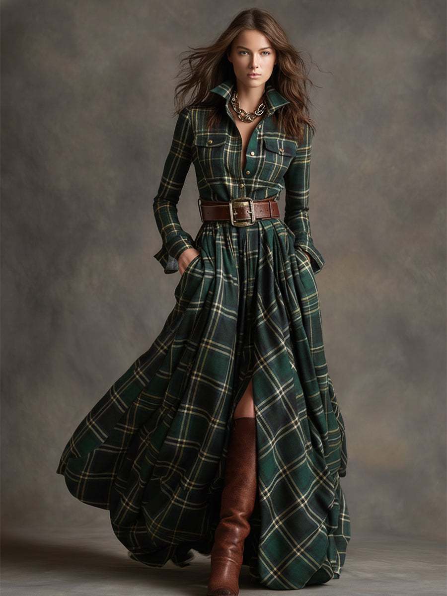 Women's shirt dress button-down plaid relaxed fit, available in reddish-brown, green, blue, black