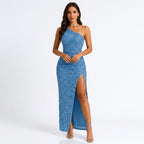 Cocktail Dress Women One Shoulder Fitted Side Slit Asymmetric Neckline