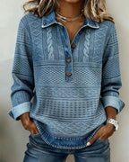 Women half button collar sweatshirt with textured knit panels and denim-effect cuffs