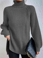 Women ribbed knit turtleneck sweater with side slit hem, autumn winter