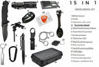 Emergency survival kit 15-in-1 with tactical tools, flashlight, and waterproof box